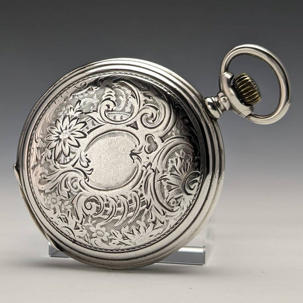 Around 1902 Antique Longines pocket watch Art Nouveau engraving Hunter case on silver side Works well